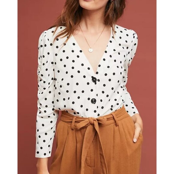 Maeve By Anthropologie Jourdain Blouse Polka Dot Ruched Sleeve Button Down X-S - Picture 1 of 15
